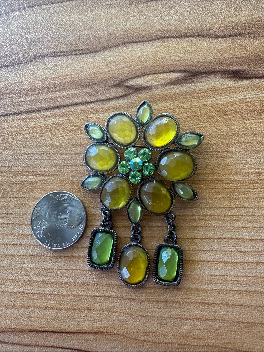 Vintage Yellow-Green Floral Drop Brooch Pendant